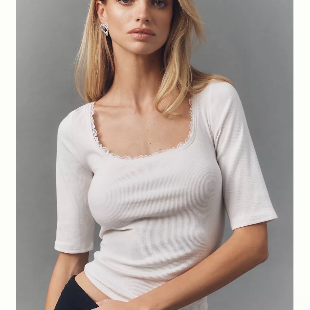 NWT Anthropologie White Ribbed Top Lace Trim XXS